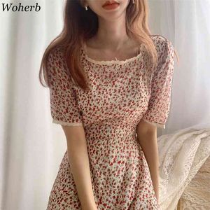 Summer Elegant Women Floral Dress Korean Fashion Chic Lace Square Collar Short Sleeve Slim Waist Vestido Long Dresses 210519