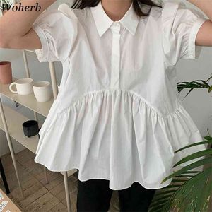 夏のプリーツブラウス女性韓国の白いブルスの半袖緩い気質ブラウスファッションシャツトップ210519