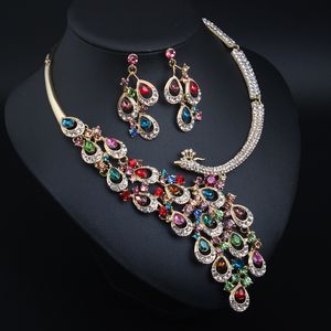 Europeu exagerado pavão de cristal colar brincos jóias conjunto de nupcial vestido de banquete feminino moda colares acessórios