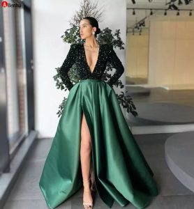 NEW! 2022 Dark Green Elegant Evening Dresses With Long Sleeve Dubai Arabic Sequins Satin Prom Gowns Party Dress Deep V-Neck High Split