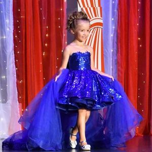 Royal Blue Puffy Cekinowa Mała dziewczynka Sukienki z odpinanym pociągiem Sheer Szyi Specjalne okazje Urodziny Party Kids Formalne Kwiat Vestidos