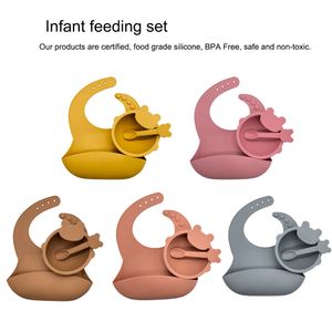 Spädbarnsuppsättningar Toddler Silikon Bibs Skål Spoon Set Utensils Söt mus Baby Silikagel Gel Solid Sugskålar Skedar Nyfödd Vattentät Drool Äta Förkläden B7752