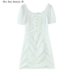 ファッションフレンチスウィートホワイトシックフリルミニドレス女性カジュアル夏半袖スプリットドレス女性vestidos 210508