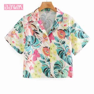 Elegante lapela selvagem único-breasted de mangas curtas de manga curta impressão feminino camisa harajuku colorido doce casual férias casuais tops 210507