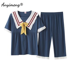 Marynarki wojennej Collared Damskie Piżama Zestaw Letnich Szorty Bawełniane Homewear Duży Rozmiar 3XL 4XL 5XL Woman Sleepwear Soft 210809