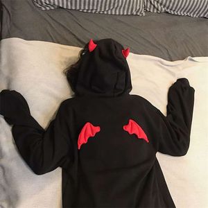 Devil Horn Hoodie Streetwear Gothic Z Kapturem Kobiety Luźne Czarne Bluzy Ziemię Harajuku Kawaii Cute Clothing Fleece 210928