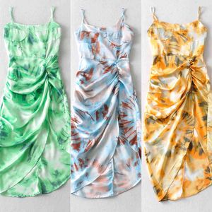 2020 Kobiety Vintage Yellow Tie Dye Flower Print Spaghetti Pasek Sukienka Dress Hem Slim Talii Szczur Nieregularne Długie Suknie Sling Vestido X0521