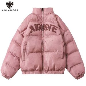 Aolamegs Winter Jacket Men Letter Inkjet Embroidery Badge Streetwear Warm Thick Zipper Harajuku All-match Parka Jackets Coat 211129