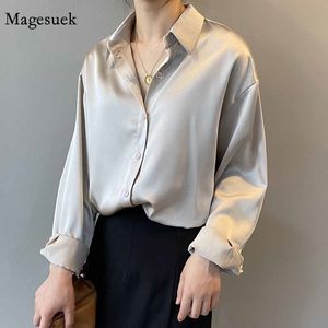 Spring Autumn Blouses Women Casual Solid Loose White Satin Blouse Femme Cardigan Office Lady Long Sleeve Shirt Tops Blusas 11355 210317