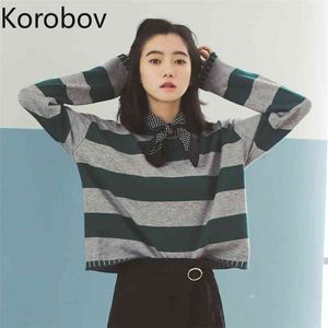 Korobov Nowy Chic Jesień Kobiety Swetry Vintage Hit Kolor Paski Patchwork Sueter Mujer O Neck Z Długim Rękawem Koreański Cardigan 210430