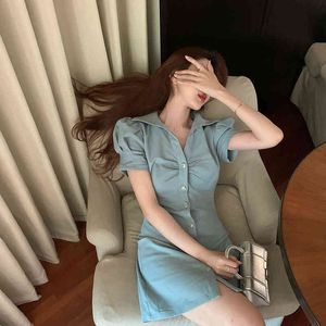 summer dress french style short sleeve solid color Casual streetwear vintage jeans denim dresses womens (R98261) 210423