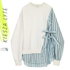 Lös passform Striped Spliced ​​Hit Color Sweatshirt Round Neck Långärmad Kvinnor Stor Storlek Mode Vår Höst 210608