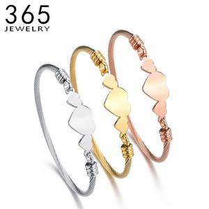 Trendy Stainless Steel Three Heart Cuff Bracelet Gold Silver Color Lady Girl Elegant Heart Bangle Party Wedding Jewelry X0706