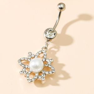 Anello per ombelico con fiore pendente e bilanciere per ombelico da donna in acciaio inossidabile con perle