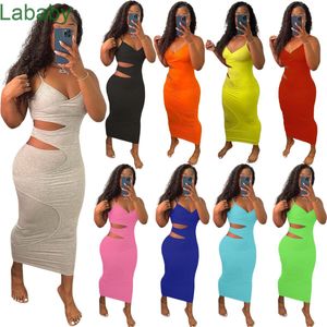 Kadın Elbise Tasarımcısı Ince Seksi Sling Kolsuz Rahat Midi Elbise Hollow Out Bölünmüş Katmanlı Askı Düz ​​Renk Elbiseler Etek 9 Renkler