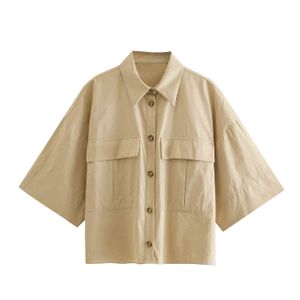 Kadınlar Cepler Boy Bluzlar Moda Vintage Kısa Kollu Button-Up Kadın Gömlek Blusas Chic Tops 210430