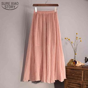 Girl Boho Beach Skirt Maxi Long Vintage Women Spring Summer Elastic Waist Cotton Linen Solid Pleated s 9956 210508