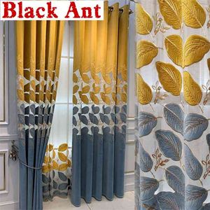 Nordic Luxury Golden Leaf Semi-Blackout Curtain för vardagsrum Villa Bedroom Hollow-out sammet broderat fönster drapeszh440 # 3 210913