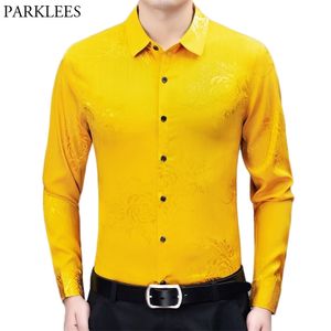 Yellow Smooth Silk Satin Shirt Men Stylish Floral Printed Mens Slim Fit Long Sleeve Dress Shirts Casual Soft Chemise Homme 210522