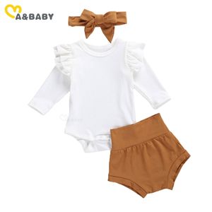 0-24m Född spädbarnsflickor Kläder Set Höst Stickade Ruffles Romper Shorts Headband Outfits 210515