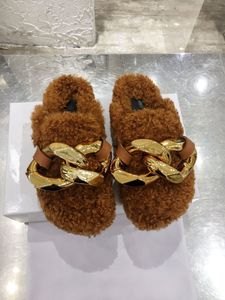 Novos Chinelos de Inverno Real Fur Metal Corrente Mulas Mulheres Sapatos Locais Redondos Toe Casual Furry Slides Fluffy Peludo Flip Flops