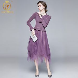 Kvinnor Höst Vinterflare Ärmar Mesh Patchwork Stickade Klänningar Kontor Ladies Koreansk Chic Elegant Vestido Da Festa 210520