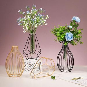 Vazen Nordic Simple Golden Vaas Geometrische Metalen Plant Houder Hydroponic Flower Glass Tuig Tube Terrarium Tafel Home Decor