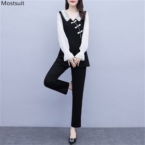 Spring Autumn Vintage Two Piece Set For Women Plus Size Long Sleeve Mesh Patchwork Tops And Elastic Pants Outfits Korean 210513
