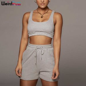 Dziwne Puss Dress Women Casual Cotton Fitness Dwuczęściowy Zestawy Top i sznurki sznurkowe Spodenki Sportwear Stretch Trend Summer Outfit Y0702