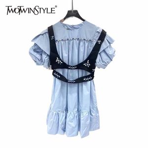 Blue Patchwork Casual Dress For Women O Neck Puff Short Sleeve High Waist Diamonds Mini Dresses Female Summer Style 210520