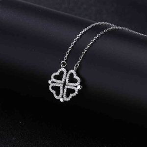 New Simple White Copper Silver Plated Collarbone Women's Necklace Dual-purpose Personality Lucky Grass Love a Two Wearing Pendant