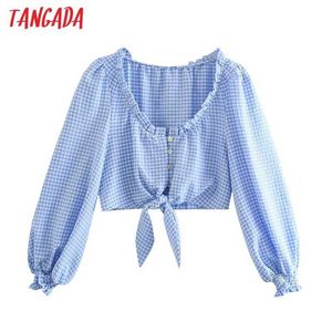 Тангада Женщины ретро синий плед оборманы рубашки урожай лук с длинным рукавом шикарные женские короткие блузки рубашки je66 210609