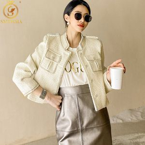 Autumn And Winter White Coat Women Short Ladies Runway Style Diamond Wool Tweed Woven Jacket 210520