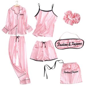 Verweilende Wärme Frauen 7 Stück Pyjamas Sets Faux Seide Gestreiften Pyjama Frauen Nachtwäsche Frühling Sommer Herbst Süße Homewear 210809