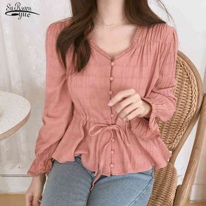 Outono coreano algodão sólido cor senhoras camisa casual manga longa cardigan blusa mulheres vintage tops 9590 210508