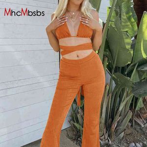 Two Piece Set Women Sexy Bandage Cut Out Bodycon Corset Top High Waist Solid Green Skinny Flare Pants Summer Streetwear 210517