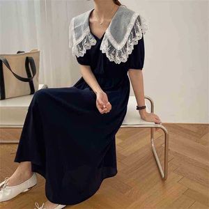 Sommer Retro Eleganz Alle Spiel Peter Pan Kragen Süße Kurze Ärmel Lange Kleider Femme Streetwear Vestidos 210525