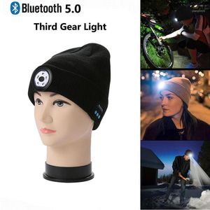 Bluetooth Musica Cappello lavorato a maglia Maglione Berretto Auricolare senza fili Cuffie Altoparlante con microfono a luce frontale a LED Cappelli sportivi Cappellini da ciclismo Maschere