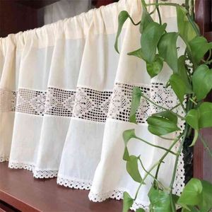 American Country Style Solid Cotton Linen Splice Beige Crochet Lace Edge Coffee Curtain Multi-function Decorative Short Curtain 210913