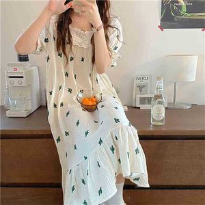 Gentle All Match Eleganti piante stampate Sweet Sleepwear Girls Home Wear Princess Chic Pigiama allentato Camicia da notte 210525