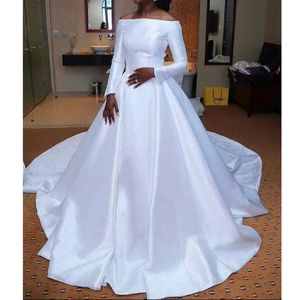 Plus Size Wedding Dresses Bateau Long Sleeves Satin Bridal Gowns Sweep Train Spring Summer Wear Gown 328 328