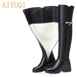 Aiyuqi Winter Boots女性の膝の高さの高さの革防水太ももの大型女性のブーツ210911