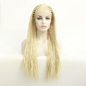 613 Blond Box Flätad Syntetisk Lace Front Wig Simulering Human Hair Lace-Frontal Braid Frisyr Paryk 19423-613