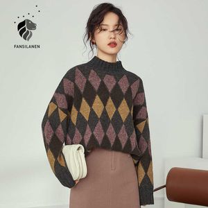 Fansilanen Argyle xadrez manchada de malha de malha Mulheres Casual Streetwear Solta Primavera Feminino Manga Comprida Vintage Jumper 210607