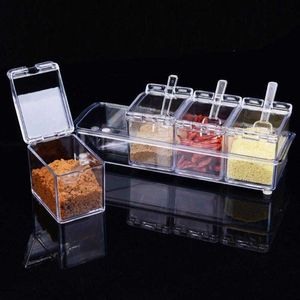 Four In One With Spoon Organizer Storage Boxes Spices Seasoning Jar Transparent Sugar Salt Bottle Kitchen Accessories