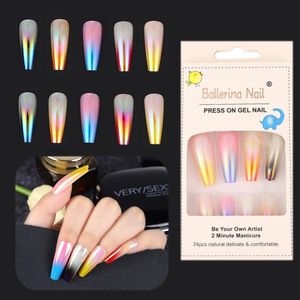 Wholesale 24pcs Aurora Gradient Nail Tips Extension Long Ballet Coffin Full Cover Armor Mirror Design Nails Art Tools Detachable DIY Decoration