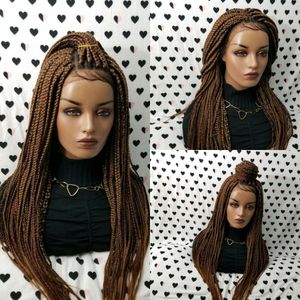 Long Brazilian Brown Box Braids Wig With BabyHair 200 Density Synthetic Braided Wigs For Black Women Simulaton Human Hair