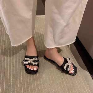 Women Slippers Open Toe Pearl Chain Summer Beach Shoes Green/White/Yellow/Black Soft Soles Wild Comfortable Slippers Sandal 210513