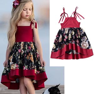 Girl Print Dress European and American Style Children Irregular Suspender Fashion Baby Holiday Princess 210515