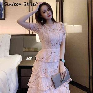 Pink Lace Embroidery Maxi Dress Female Summer Short Sleeve High Waist Ruffle Elegant Long Party Dresses Woman 210603